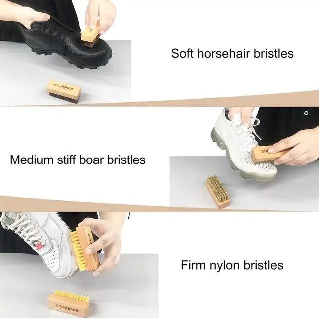 Alt view image 2 of 6 - Shoe Cleaning Brush Set with Nylon, Boar and Horsehair Bristles, Wooden Sneaker Cleaner Brush for Leather, Suede, Canvas, Textile, Bags and Accessories - 3 Pack