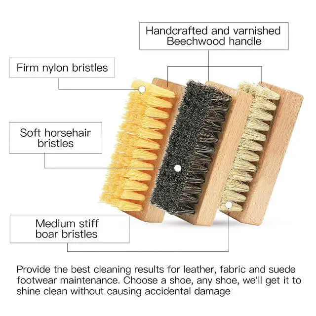 Alt view image 3 of 6 - Shoe Cleaning Brush Set with Nylon, Boar and Horsehair Bristles, Wooden Sneaker Cleaner Brush for Leather, Suede, Canvas, Textile, Bags and Accessories - 3 Pack