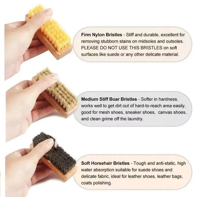 Alt view image 4 of 6 - Shoe Cleaning Brush Set with Nylon, Boar and Horsehair Bristles, Wooden Sneaker Cleaner Brush for Leather, Suede, Canvas, Textile, Bags and Accessories - 3 Pack