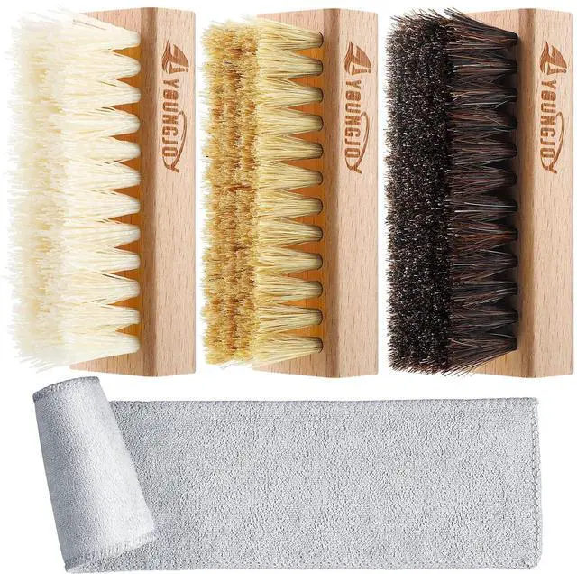 Main image of 3 Pieces Dual Sided Sneaker Shoe Cleaner Brush Set Shoes Clean Brush Kit Both Boar and Plastic Bristles with Microfiber Cloth (B)