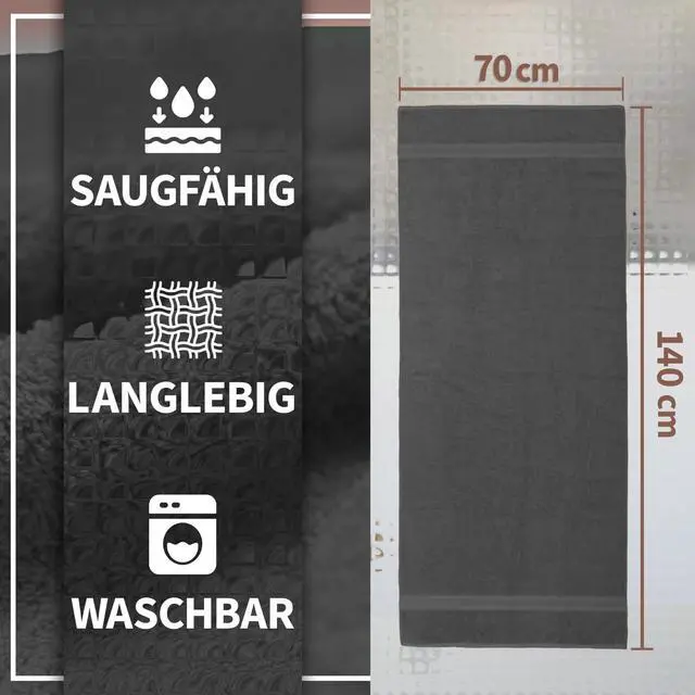 Alt view image 2 of 7 - Pack of 2 Bath Towels - 100% Cotton, 500g/m² - Soft, Absorbent & Durable - for Home, Sauna & Travel - 27 x 54 in (Anthrazite Grey)