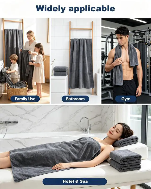 Alt view image 3 of 7 - Towels 3 Piece Very Soft Microfiber Bath Sheet Towel Set Super Absorbent Light Quick Dry and Durable, 55" L x 27" W, 3 Pack Dark Grey