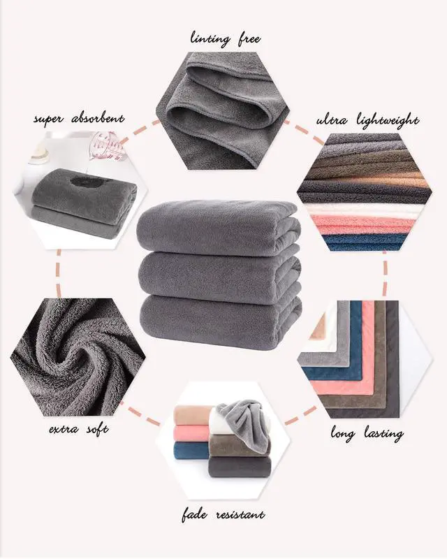 Alt view image 4 of 7 - Towels 3 Piece Very Soft Microfiber Bath Sheet Towel Set Super Absorbent Light Quick Dry and Durable, 55" L x 27" W, 3 Pack Dark Grey