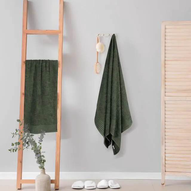 Alt view image 4 of 7 - 100% Cotton 2 Pack Oversized Bath Towel Set 28x55 Inches, Ultra Soft Highly Absorbant Compact Quickdry & Lightweight Large Bath Towels, Ideal for Gym Travel Camp Pool - Olive Green