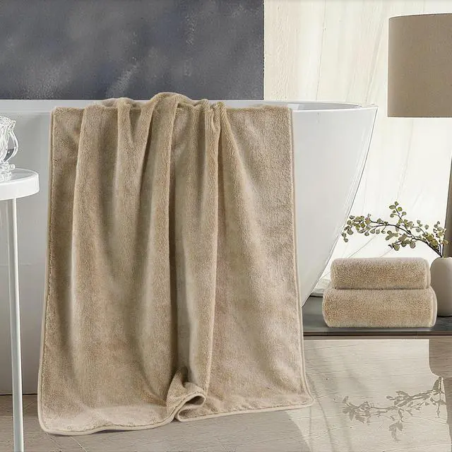 Alt view image 5 of 7 - Ring Spun Terry Microfiber Bath Towel Set, 3 Piece, Oversize, Quick Dry, Lint Free, Includes Bath, face, and Hand Towels (Beige)