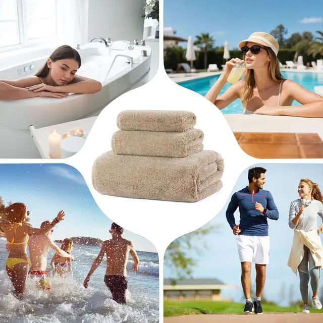 Alt view image 7 of 7 - Ring Spun Terry Microfiber Bath Towel Set, 3 Piece, Oversize, Quick Dry, Lint Free, Includes Bath, face, and Hand Towels (Beige)