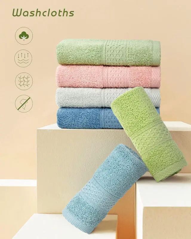 Alt view image 2 of 7 - Pure Cotton Wash Cloths Face Cloths, 6 Colors per Set, 13 x 13 Inches (Light Blue, Jade Green, Light Green, Grey, Light Grey, Pink)