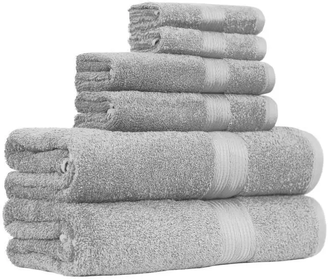 Main image of 6-Piece Fade-Resistant 100% Cotton Towel Set for Bathroom, Soft and Absorbent, 2 Bath Towels, 2 Hand Towels, 2 Washcloths, Gray