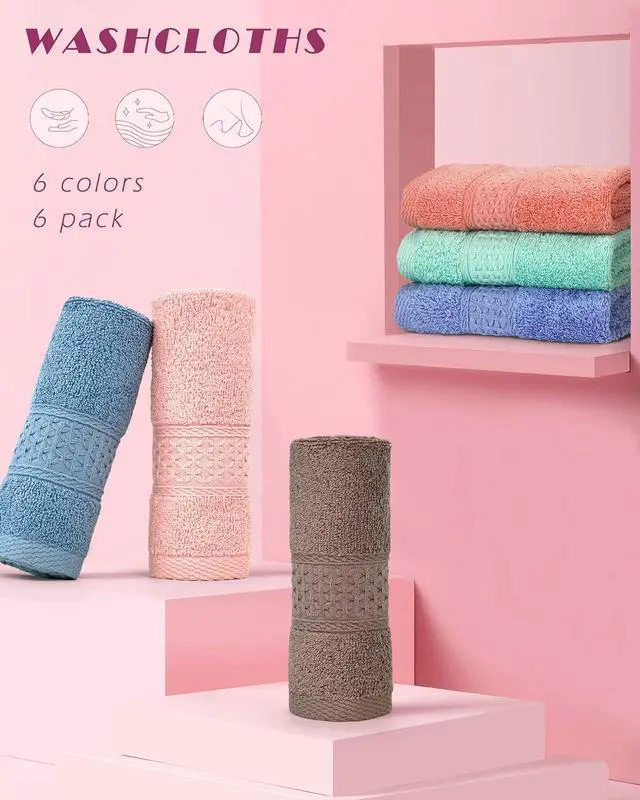 Alt view image 2 of 7 - Face-Cloth Washcloths Set,100% Cotton, High Absorbent, 6-Pack 6 Colors, Size13 x13-deep Color