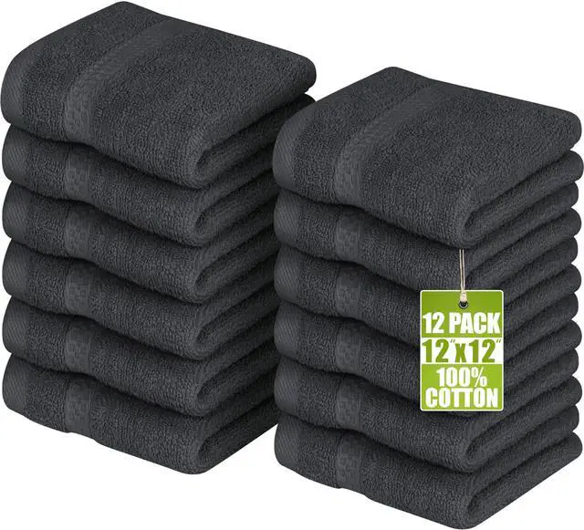 Main image of 12 Pack Premium Wash Cloths Set, 12 by 12 Inches, 100% Cotton Ring Spun, Highly Absorbent and Soft Feel Essential Washcloths for Bathroom, Spa, Gym, and Face, Grey