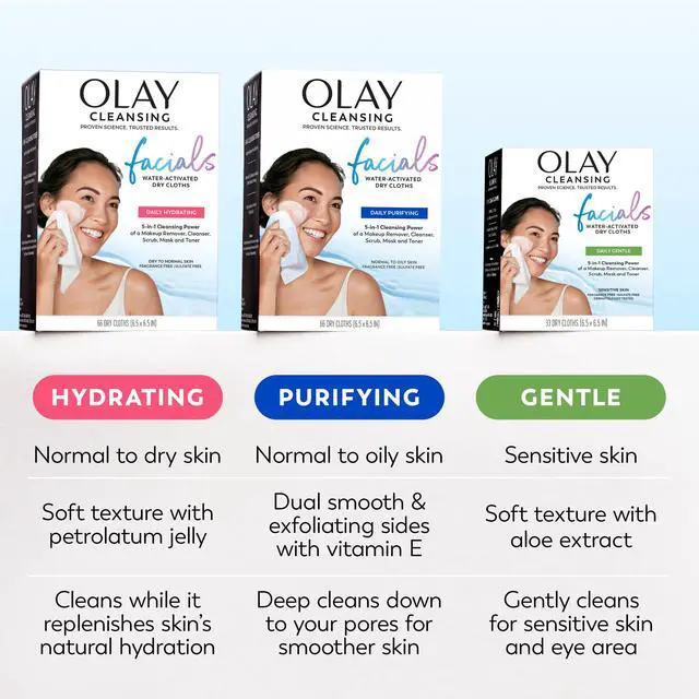 Alt view image 6 of 7 - Olay Makeup Remover Wipes, Daily Facials Hydrating Face Cleanser for Normal to Dry Skin, Alcohol & Fragrance Free, Soft Face Wash Towels, Travel Essentials for Women, Convenient Dry Cloths, 66 ct