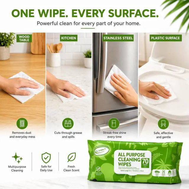 Alt view image 2 of 2 - All Purpose Cleaning Wipes 70 Count, Extra Large 8" x 10" Heavy Duty for Car Interior, Kitchen, Bathroom, Gym Equitment, Tools - Non-Toxic Safe for Multi-Surface