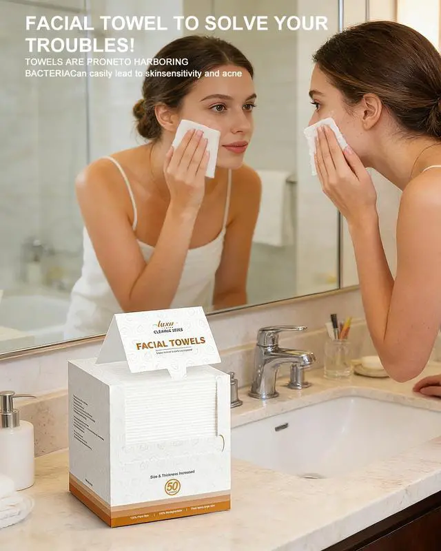 Alt view image 3 of 7 - Disposable Face Towel,Biodegradable Facial Towels,Extra Thick Soft Large Clean Facial Towels Plant Fiber Facial Washcloth Dry Wipes for Sensitive Skin,Travel,Makeup Remover-50 Count