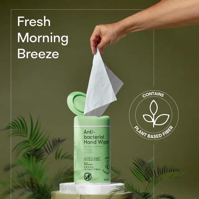 Alt view image 4 of 7 - Antibacterial Hand Wipes Fresh Morning Breeze- Antibacterial Wipes with Aloe and Vitamin E Formula | 5"x7" Wet Wipes Canister | No Parabens, Sulfates or Phthalates, Kills 99% of Germs, 50 ct