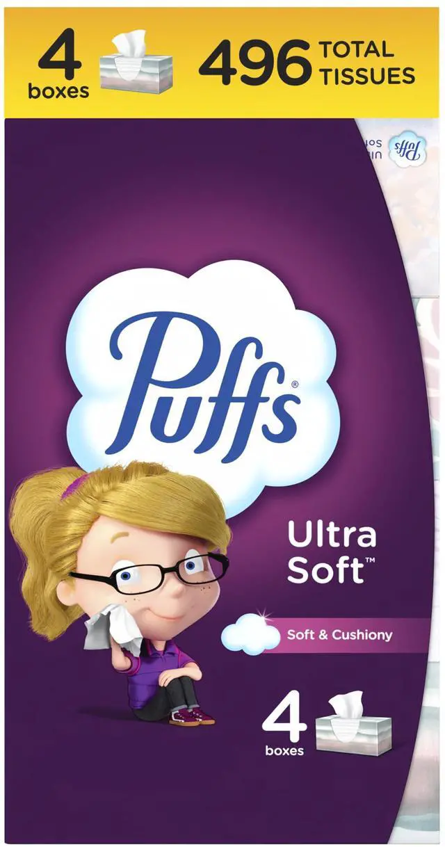 Main image of Ultra Soft Facial Tissues, 4 Family Size Boxes, 124 Facial Tissues per Box, Allergies and Colds