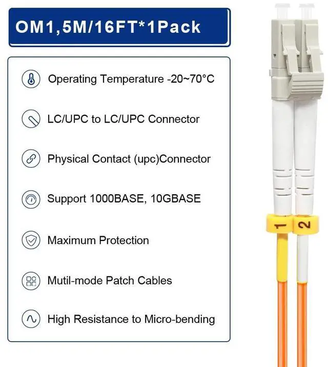 Alt view image 4 of 7 - - 5M/16ft OM1 LC to LC Fiber Patch Cable, Length Options: 0.2m-100m, 1GB Duplex 62.5/125um Multimode Fiber Optic Cable Cord LSZH 5Meter(16ft)