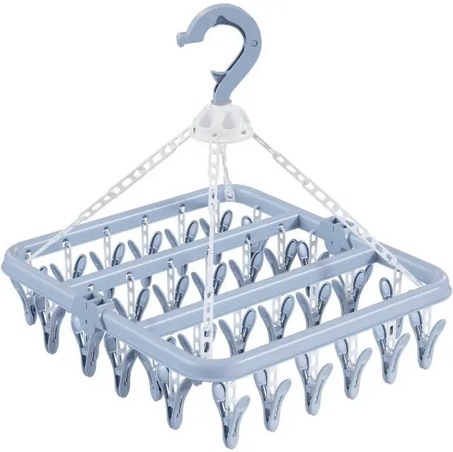 Main image of Clothes Drying Rack with 32 Clothespins, Bule Foldable Hanging Drying Racks, 360° Rotatable Hook for Drying Towels Bras Baby Clothes Gloves Plastic, Clothes Drying Foldable-Bule