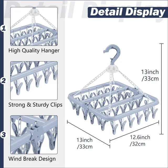 Alt view image 2 of 7 - Clothes Drying Rack with 32 Clothespins, Bule Foldable Hanging Drying Racks, 360° Rotatable Hook for Drying Towels Bras Baby Clothes Gloves Plastic, Clothes Drying Foldable-Bule