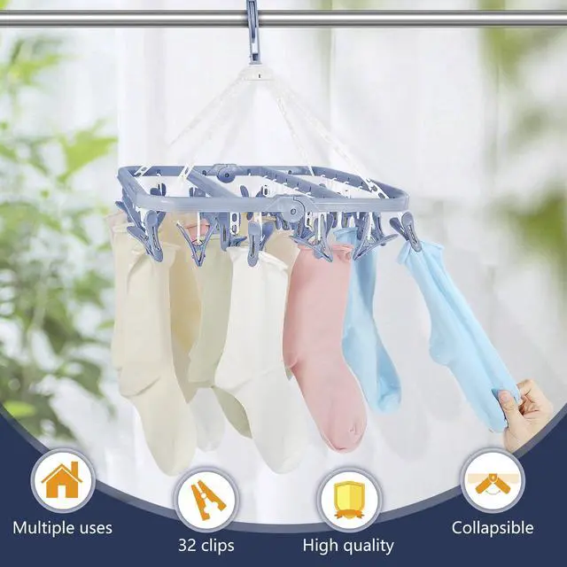 Alt view image 4 of 7 - Clothes Drying Rack with 32 Clothespins, Bule Foldable Hanging Drying Racks, 360° Rotatable Hook for Drying Towels Bras Baby Clothes Gloves Plastic, Clothes Drying Foldable-Bule