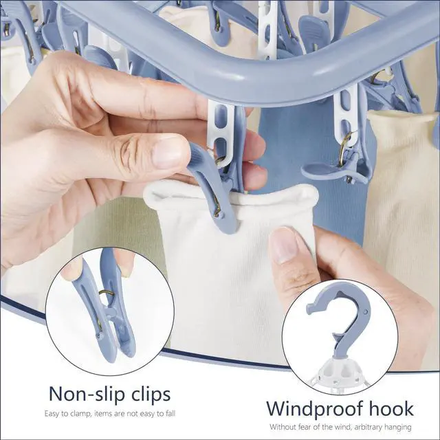 Alt view image 5 of 7 - Clothes Drying Rack with 32 Clothespins, Bule Foldable Hanging Drying Racks, 360° Rotatable Hook for Drying Towels Bras Baby Clothes Gloves Plastic, Clothes Drying Foldable-Bule