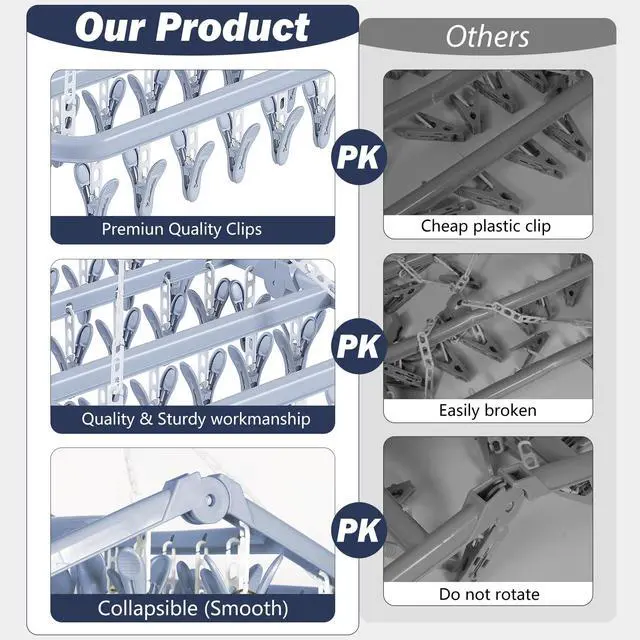 Alt view image 3 of 7 - Clothes Drying Rack with 32 Clothespins, Bule Foldable Hanging Drying Racks, 360° Rotatable Hook for Drying Towels Bras Baby Clothes Gloves Plastic, Clothes Drying Foldable-Bule