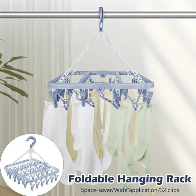 Alt view image 7 of 7 - Clothes Drying Rack with 32 Clothespins, Bule Foldable Hanging Drying Racks, 360° Rotatable Hook for Drying Towels Bras Baby Clothes Gloves Plastic, Clothes Drying Foldable-Bule