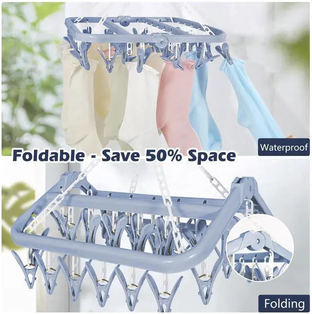Alt view image 6 of 7 - Clothes Drying Rack with 32 Clothespins, Bule Foldable Hanging Drying Racks, 360° Rotatable Hook for Drying Towels Bras Baby Clothes Gloves Plastic, Clothes Drying Foldable-Bule