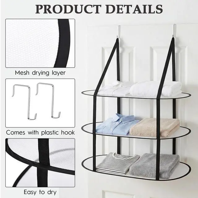 Alt view image 3 of 6 - 2Pcs 3 Tier Over The Door Folding Drying Rack with Excellent Load-Bearing,Large Sweater Drying Rack,Lay fold Flat Mesh Clothes Hanging Dryer for Quickly Dry Clothing,Sweater,and Room Organization