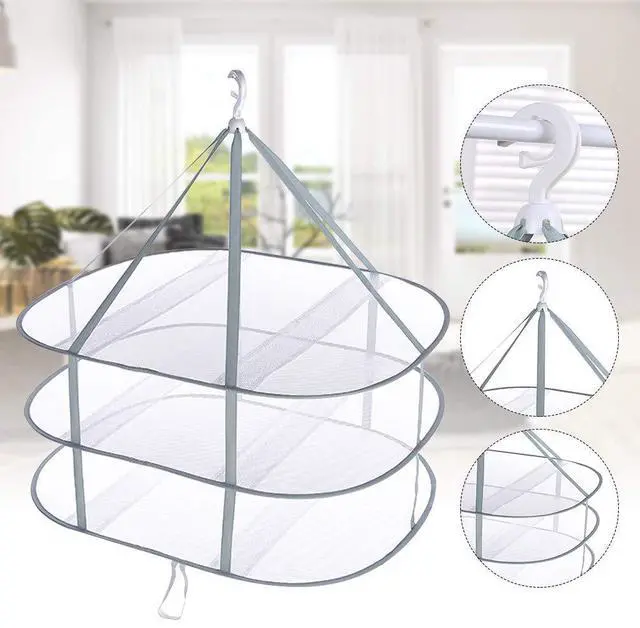 Alt view image 2 of 7 - 3 Tier Folding Drying Rack, 10Lb Capacity Space Saving Hanging Dryer with Fixing Band, Stackable Sweater Laundry Rack for Clothes, T-Shirt, Towels, Underwear, Indoor Outdoor Use, 31inch