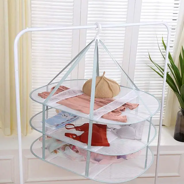 Alt view image 3 of 7 - 3 Tier Folding Drying Rack, 10Lb Capacity Space Saving Hanging Dryer with Fixing Band, Stackable Sweater Laundry Rack for Clothes, T-Shirt, Towels, Underwear, Indoor Outdoor Use, 31inch