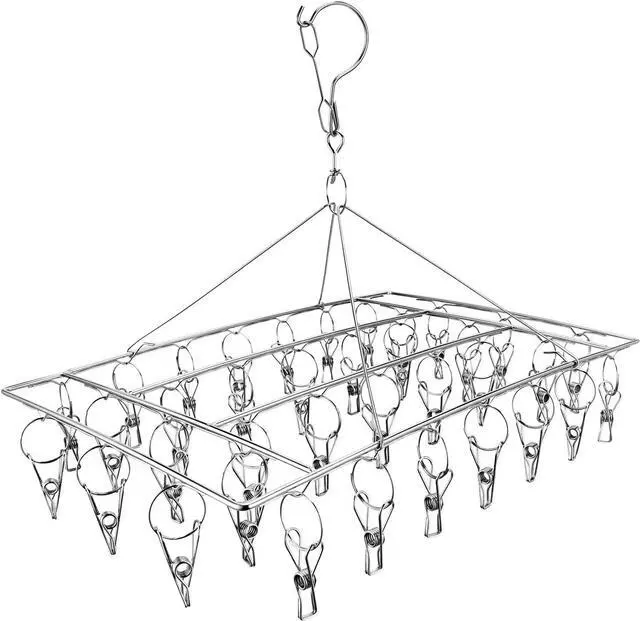 Main image of Stainless Steel Sock Drying Rack with 36 Clips, Swivel Hook Wind-Proof Clothes Hanger Rack for Sock, Bras, Underwear, Laundry Accessories
