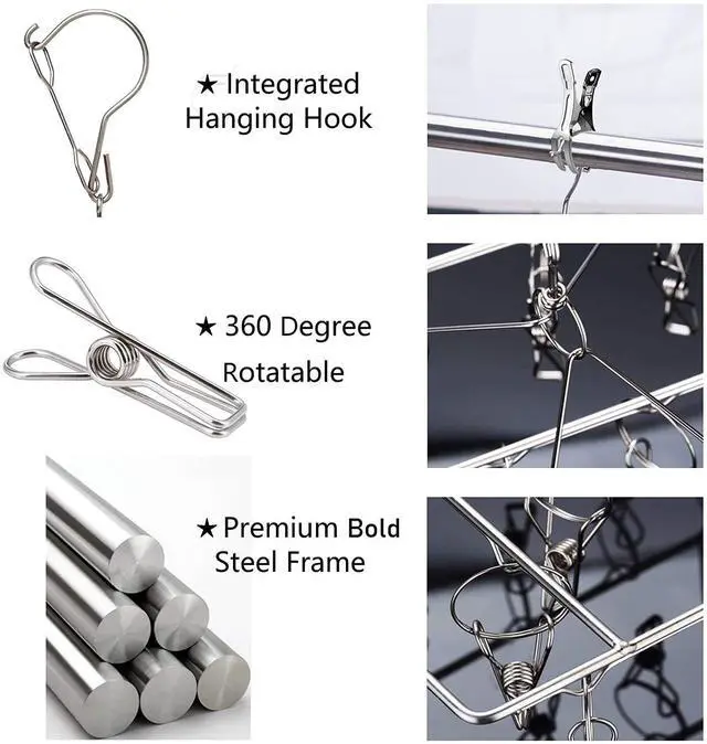 Alt view image 2 of 6 - Stainless Steel Sock Drying Rack with 36 Clips, Swivel Hook Wind-Proof Clothes Hanger Rack for Sock, Bras, Underwear, Laundry Accessories