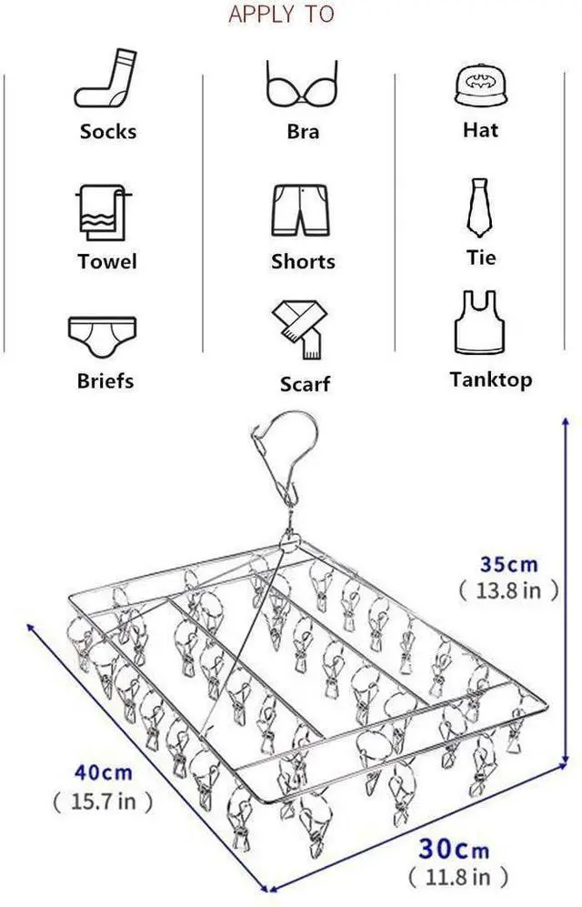 Alt view image 4 of 6 - Stainless Steel Sock Drying Rack with 36 Clips, Swivel Hook Wind-Proof Clothes Hanger Rack for Sock, Bras, Underwear, Laundry Accessories