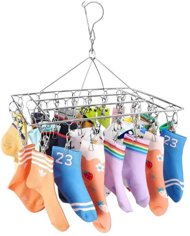Alt view image 5 of 6 - Stainless Steel Sock Drying Rack with 36 Clips, Swivel Hook Wind-Proof Clothes Hanger Rack for Sock, Bras, Underwear, Laundry Accessories