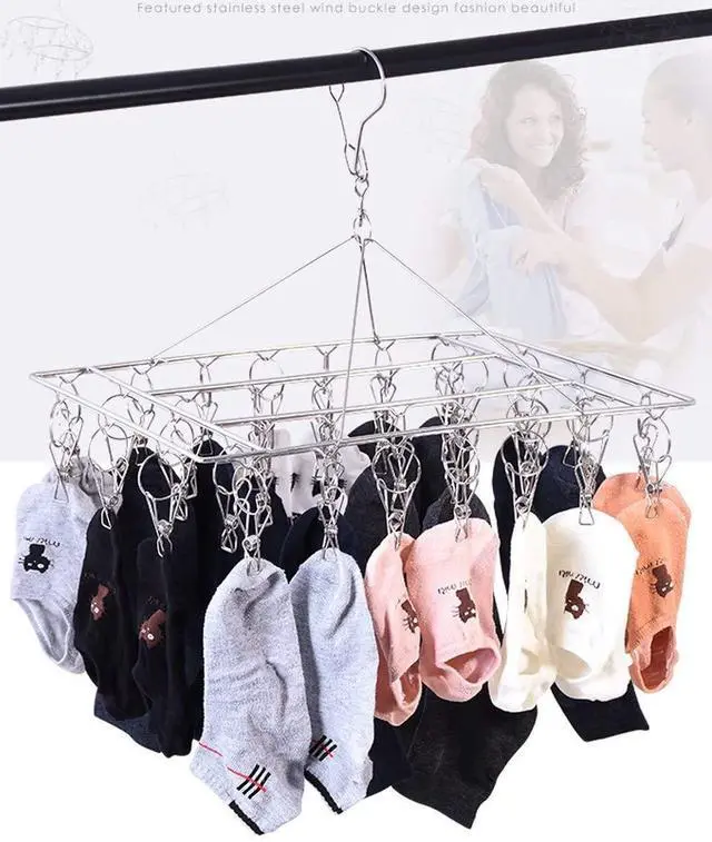 Alt view image 6 of 6 - Stainless Steel Sock Drying Rack with 36 Clips, Swivel Hook Wind-Proof Clothes Hanger Rack for Sock, Bras, Underwear, Laundry Accessories