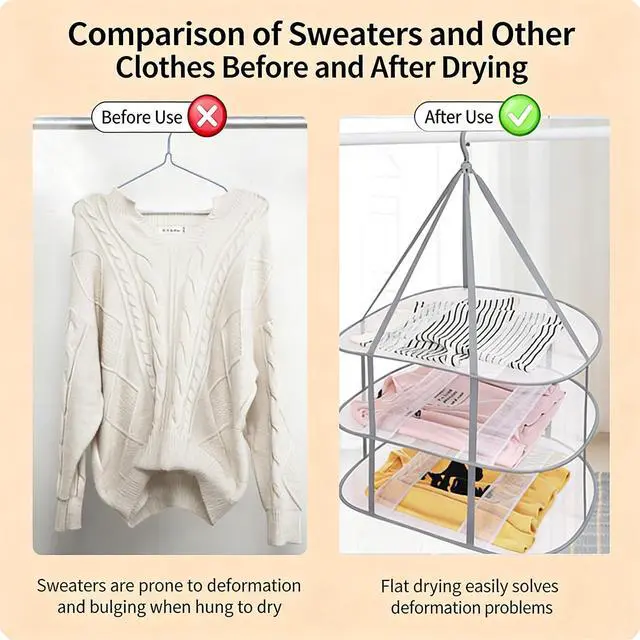 Alt view image 5 of 7 - 3-Layer Foldable Mesh Sweater Drying Rack, Portable Hanging Clothes Drying Rack with Fixed Belt, Can Stack Sweater Clothes, T-Shirts, Towels, Underwear, Indoor and Outdoor Use, Gray