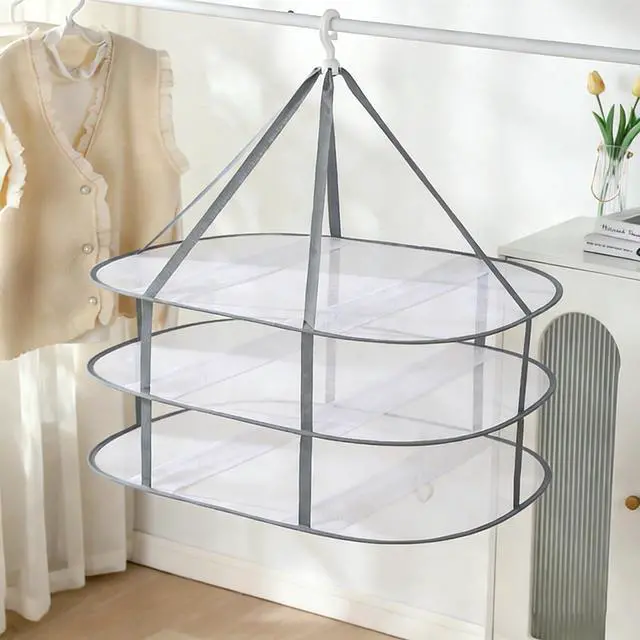 Alt view image 4 of 7 - 3-Layer Foldable Mesh Sweater Drying Rack, Portable Hanging Clothes Drying Rack with Fixed Belt, Can Stack Sweater Clothes, T-Shirts, Towels, Underwear, Indoor and Outdoor Use, Gray
