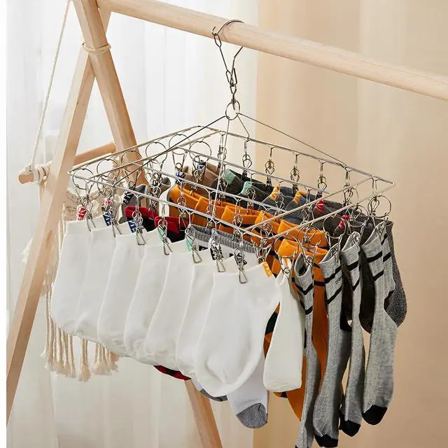 Alt view image 4 of 5 - Sock Folding Stainless Steel Sock Drying Rack with 46 Clips,Metal Sock Hangers with Clips360 DegreesSwivel Hook Wind-Proof Clothes Hanger Rack,for Sock, Bras, Underwear, Laundry Accessories