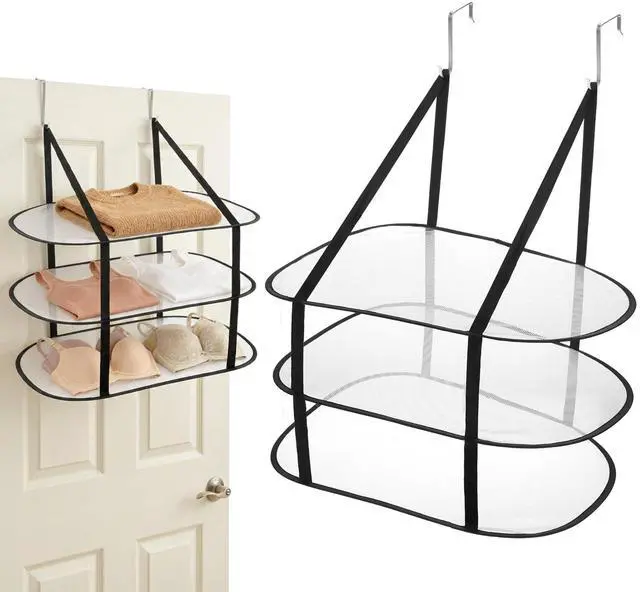 Main image of 2 Pcs Flat Over The Door Folding Drying Rack, 3 Tier Black Large Laundry Hanging Dryer Sweater Drying Rack Mesh Clothes Hanging Fold Flat Dry Hanger for Small Spaces, Apartments, Dorms, Bathrooms