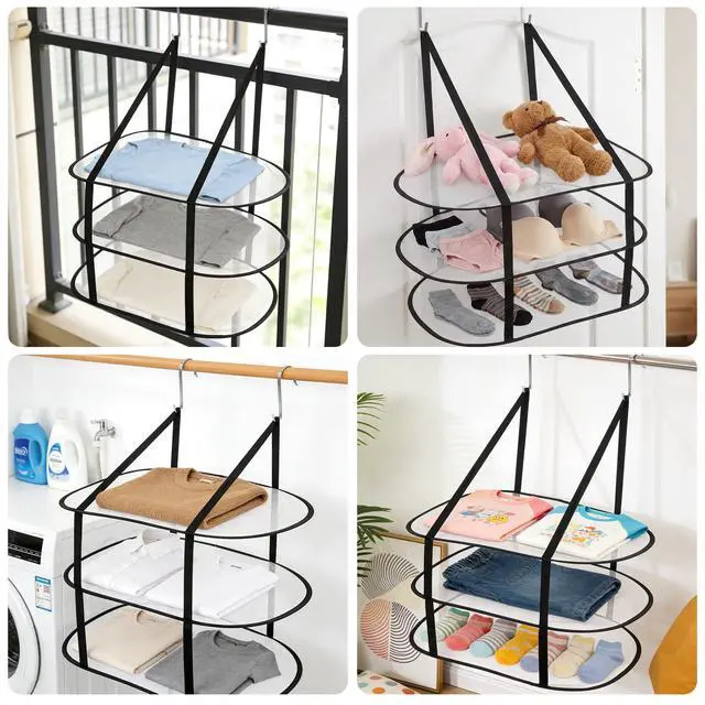 Alt view image 5 of 7 - 2 Pcs Flat Over The Door Folding Drying Rack, 3 Tier Black Large Laundry Hanging Dryer Sweater Drying Rack Mesh Clothes Hanging Fold Flat Dry Hanger for Small Spaces, Apartments, Dorms, Bathrooms