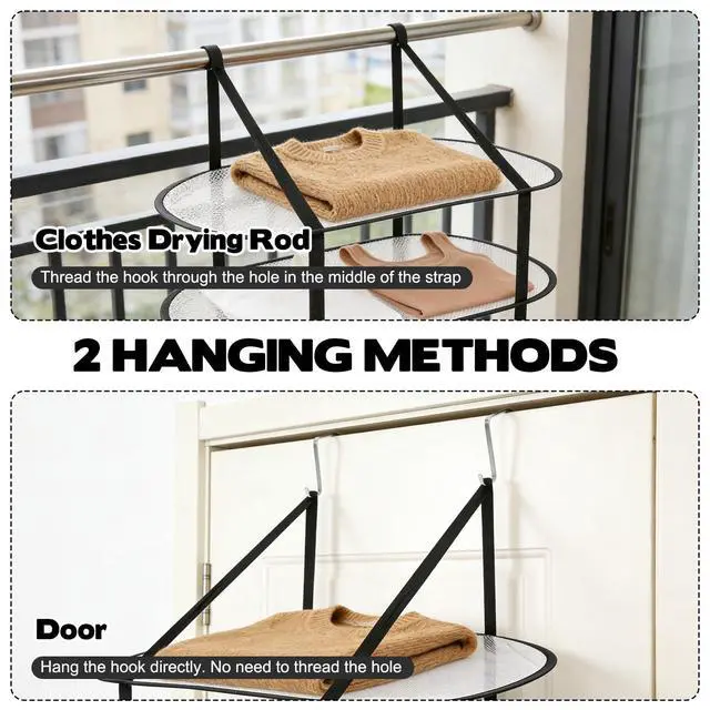 Alt view image 6 of 7 - 2 Pcs Flat Over The Door Folding Drying Rack, 3 Tier Black Large Laundry Hanging Dryer Sweater Drying Rack Mesh Clothes Hanging Fold Flat Dry Hanger for Small Spaces, Apartments, Dorms, Bathrooms
