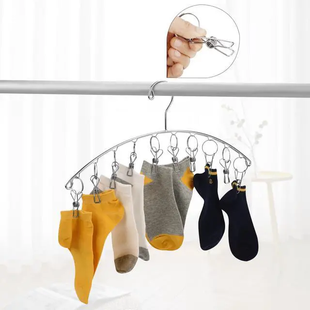 Alt view image 6 of 7 - Clothes Hanger with 10 Clips, Stainless Steel, Windproof, for Drying Socks, Bras, Underwears, Baby Clothes, Hats, Scarfs, Towels, Pants and Gloves, Set of 4 (Indoors)