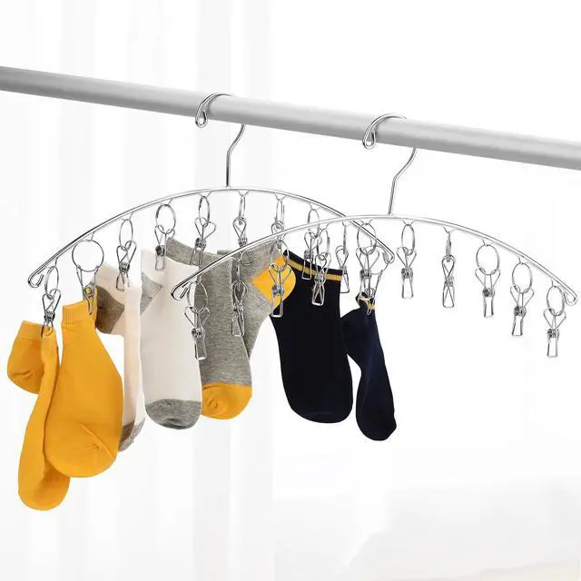 Alt view image 7 of 7 - Clothes Hanger with 10 Clips, Stainless Steel, Windproof, for Drying Socks, Bras, Underwears, Baby Clothes, Hats, Scarfs, Towels, Pants and Gloves, Set of 4 (Indoors)