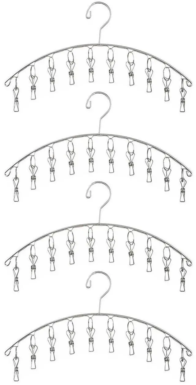 Main image of Clothes Hanger with 10 Clips, Stainless Steel, Windproof, for Drying Socks, Bras, Underwears, Baby Clothes, Hats, Scarfs, Towels, Pants and Gloves, Set of 4 (Indoors)
