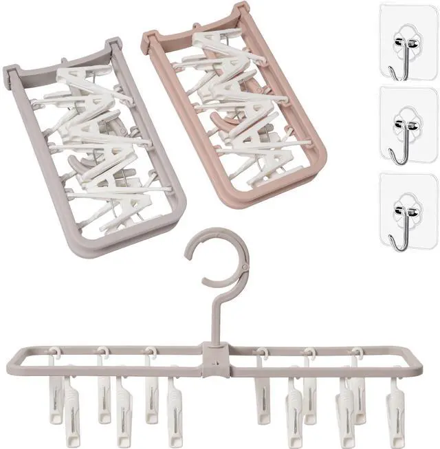 Main image of Clothes Drying Racks 2 Pack Small Folding Portable Underwear Hangers with 12 Clips 360° Rotatable Hook for Socks Drying Towels Bras Baby Clothes Gloves Plast 3 pcs Traceless Hook.