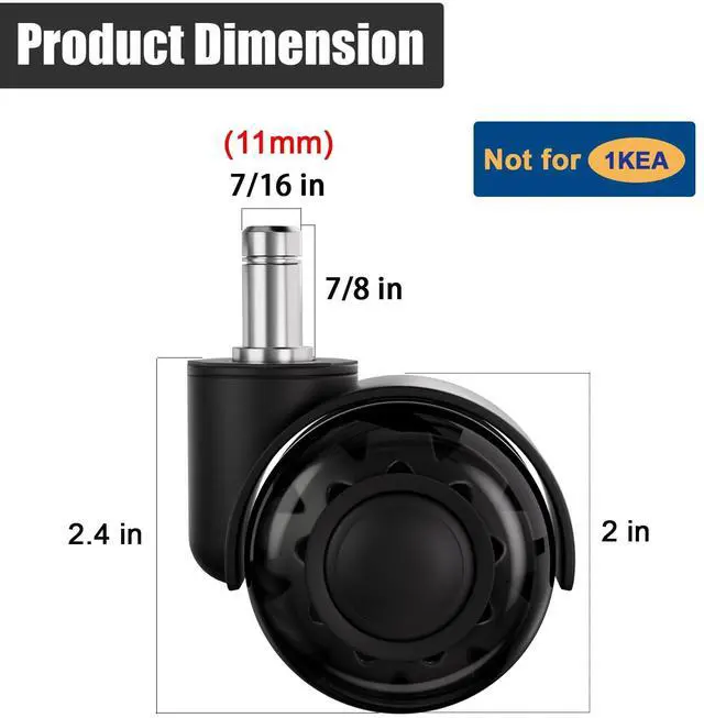 Alt view image 3 of 7 - Office Chair Wheels 2" Dual-Wheels Roller Blade Rubber Chair Casters Replacement, Heavy Duty Quiet No Scratch Gaming Chair Wheel for Hardwood Floor Carpet, Set of 5, Universal Fit/Not for 1KEA