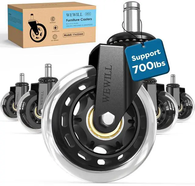 Main image of Office Chair Wheels - Rubber Casters Replacement Universal Fit 98% Chair(Set of 5) Heavy Duty 3 Inch Smoothly & Quietly Safe for All Floor, Hardwood, Tile, Carpet, Noise Free - Clear