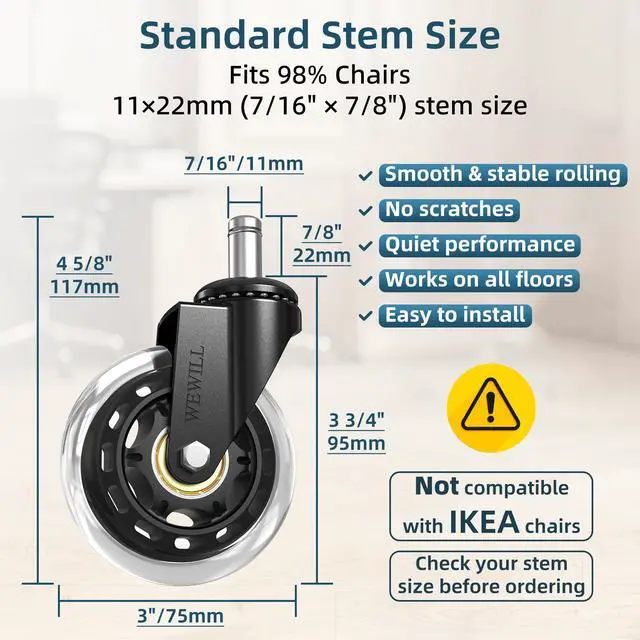 Alt view image 3 of 7 - Office Chair Wheels - Rubber Casters Replacement Universal Fit 98% Chair(Set of 5) Heavy Duty 3 Inch Smoothly & Quietly Safe for All Floor, Hardwood, Tile, Carpet, Noise Free - Clear