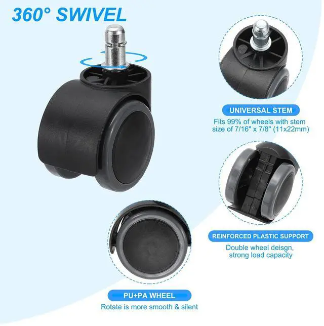 Alt view image 3 of 7 - Office Chair Wheels 2 Inch, Replacement Desk Caster Wheels 7/16" x 7/8" Smooth Quite Rolling Stem Wheels 110 Lbs Per Wheel for Work Chair Gaming Chair, Gray