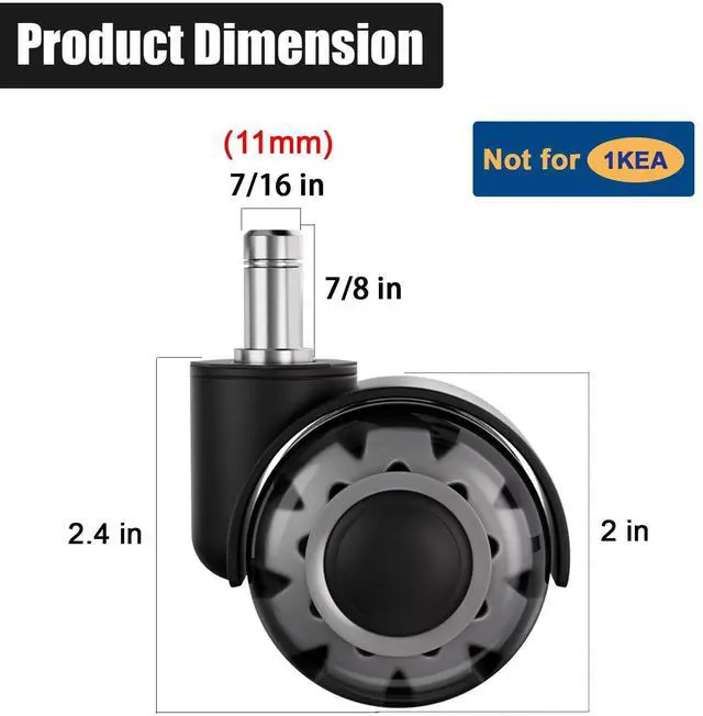Alt view image 3 of 7 - Office Chair Wheels 2" Dual-Wheels Roller Blade Rubber Chair Casters Replacement, Heavy Duty Quiet No Scratch Gaming Chair Wheel for Hardwood Floor Carpet, Set of 5, Universal Fit/Not for 1KEA